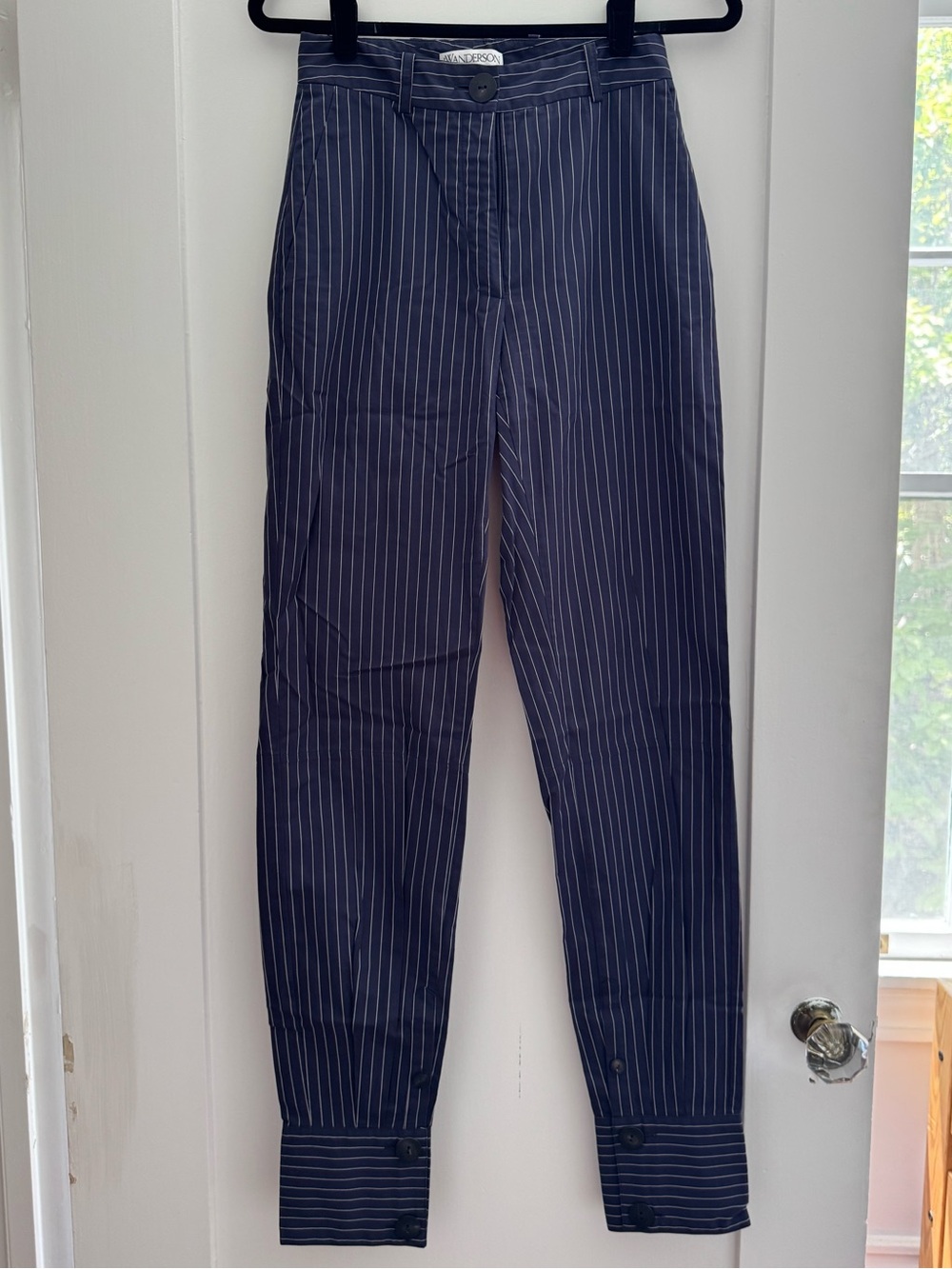 JW Anderson Navy Pinstripe Trousers With Sleeve Cuff Hem